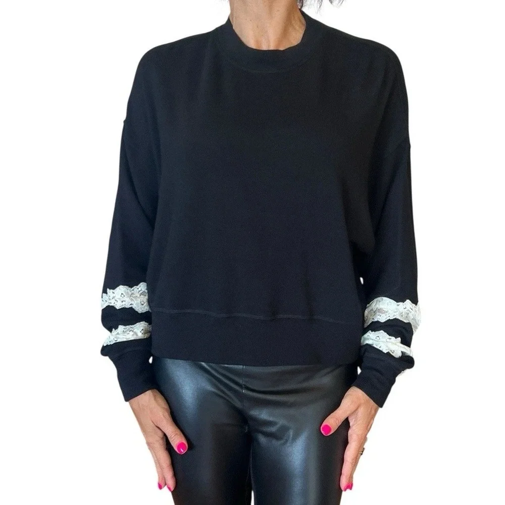 The Kooples‎ Sport Black Cozy Fleece Pullover Sweater Boxy Crop Lace 1 /Small